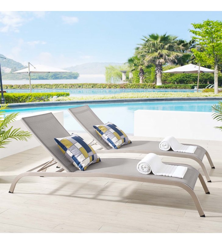 Savannah Outdoor Patio Mesh Chaise Lounge Set of 2 in Gray - Lexmod