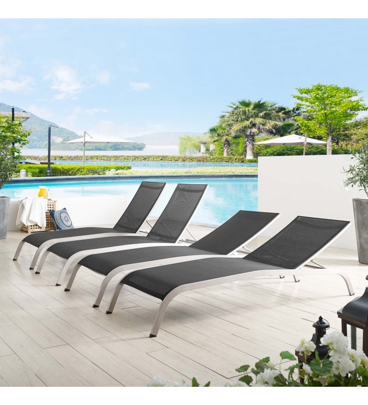 Savannah Outdoor Patio Mesh Chaise Lounge Set of 4 in Black - Lexmod