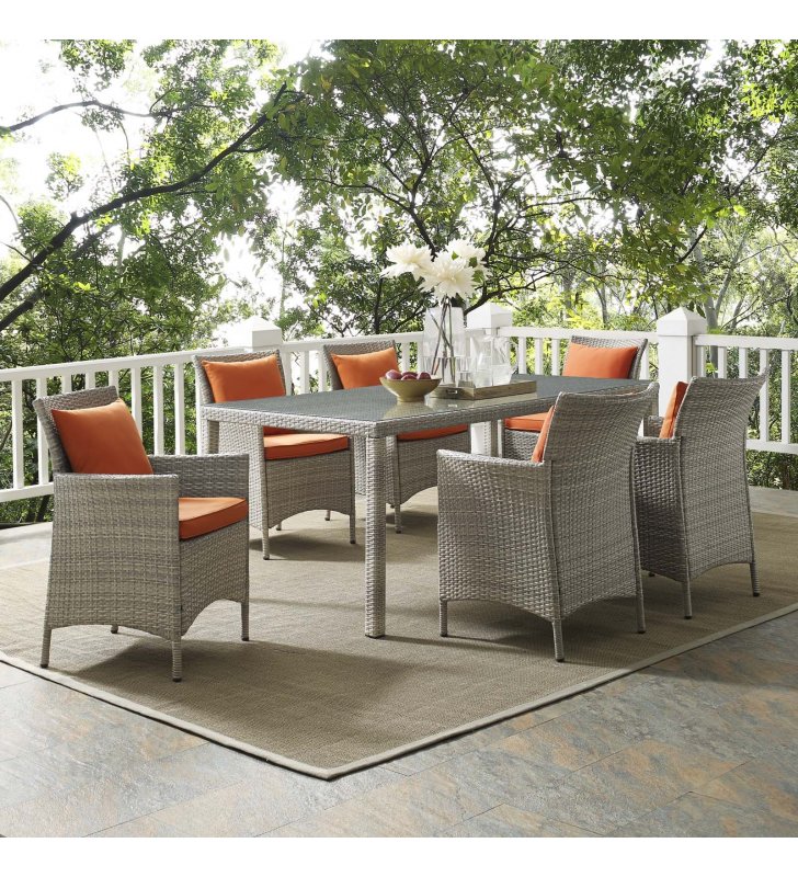 Conduit 7 Piece Outdoor Patio Wicker Rattan Dining Set in Light Gray Orange - Lexmod
