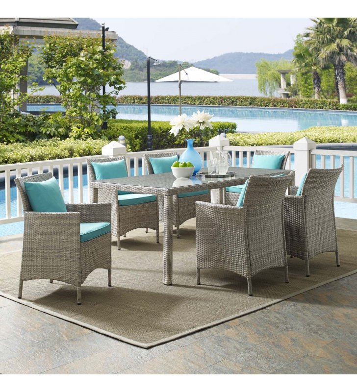 Conduit 7 Piece Outdoor Patio Wicker Rattan Dining Set in Light Gray Turquoise - Lexmod