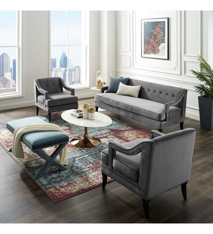 Concur Living Room Set Performance Velvet Set of 3 in Gray - Lexmod