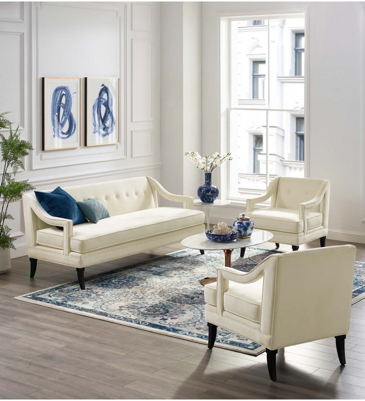 Concur Living Room Set Performance Velvet Set of 3 in Ivory - Lexmod