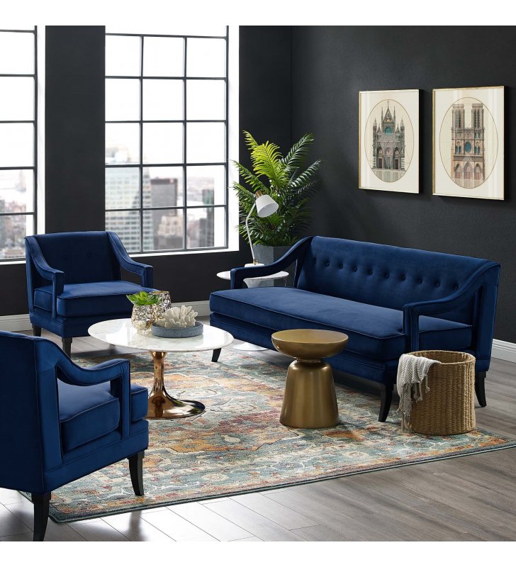 Concur Living Room Set Performance Velvet Set of 3 in Navy - Lexmod