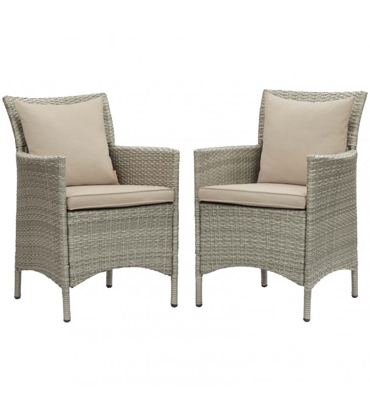 Conduit Outdoor Patio Wicker Rattan Dining Armchair Set of 2 in Light Gray Beige - Lexmod