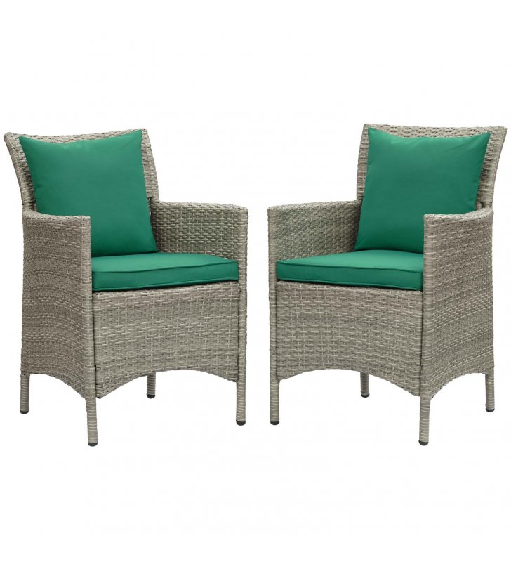 Conduit Outdoor Patio Wicker Rattan Dining Armchair Set of 2 in Light Gray Green - Lexmod