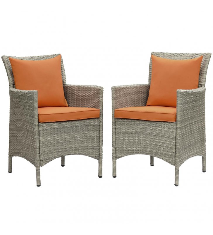Conduit Outdoor Patio Wicker Rattan Dining Armchair Set of 2 in Light Gray Orange - Lexmod