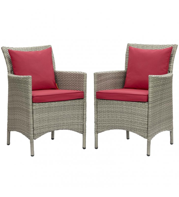 Conduit Outdoor Patio Wicker Rattan Dining Armchair Set of 2 in Light Gray Red - Lexmod