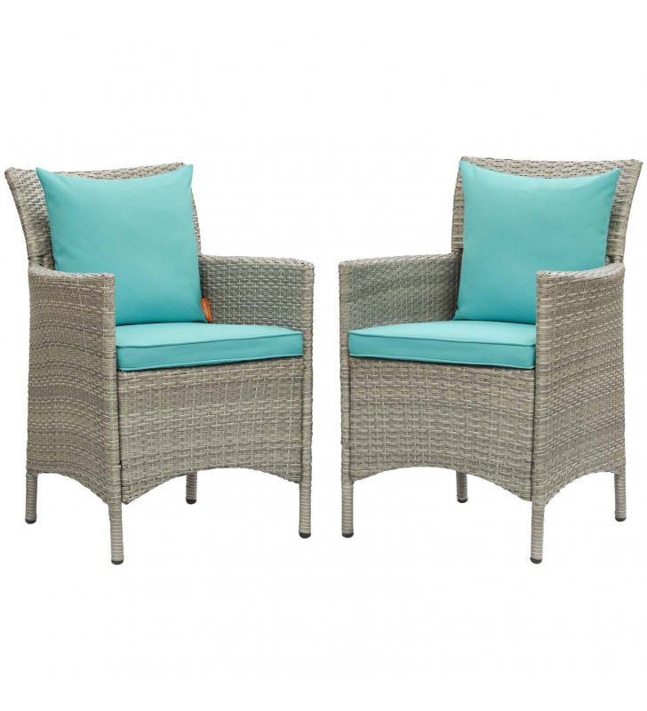 Conduit Outdoor Patio Wicker Rattan Dining Armchair Set of 2 in Light Gray Turquoise - Lexmod