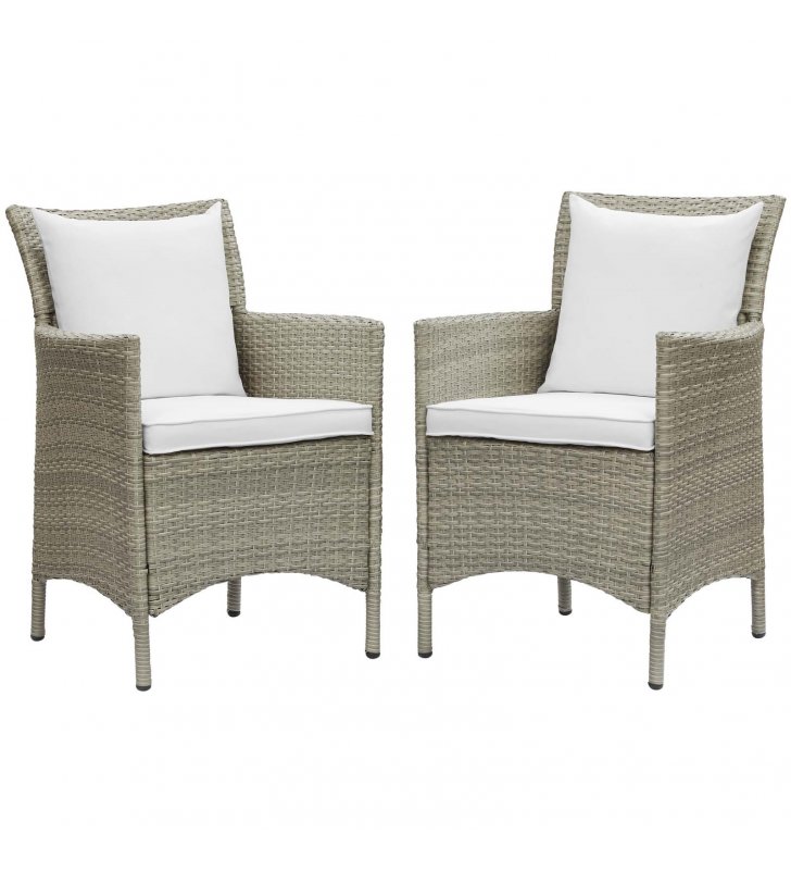 Conduit Outdoor Patio Wicker Rattan Dining Armchair Set of 2 in Light Gray White - Lexmod