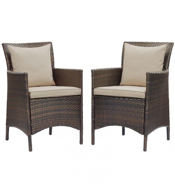 Conduit Outdoor Patio Wicker Rattan Dining Armchair Set of 2 in Brown Beige - Lexmod