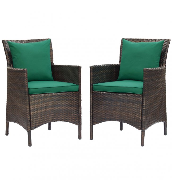Conduit Outdoor Patio Wicker Rattan Dining Armchair Set of 2 in Brown Green - Lexmod
