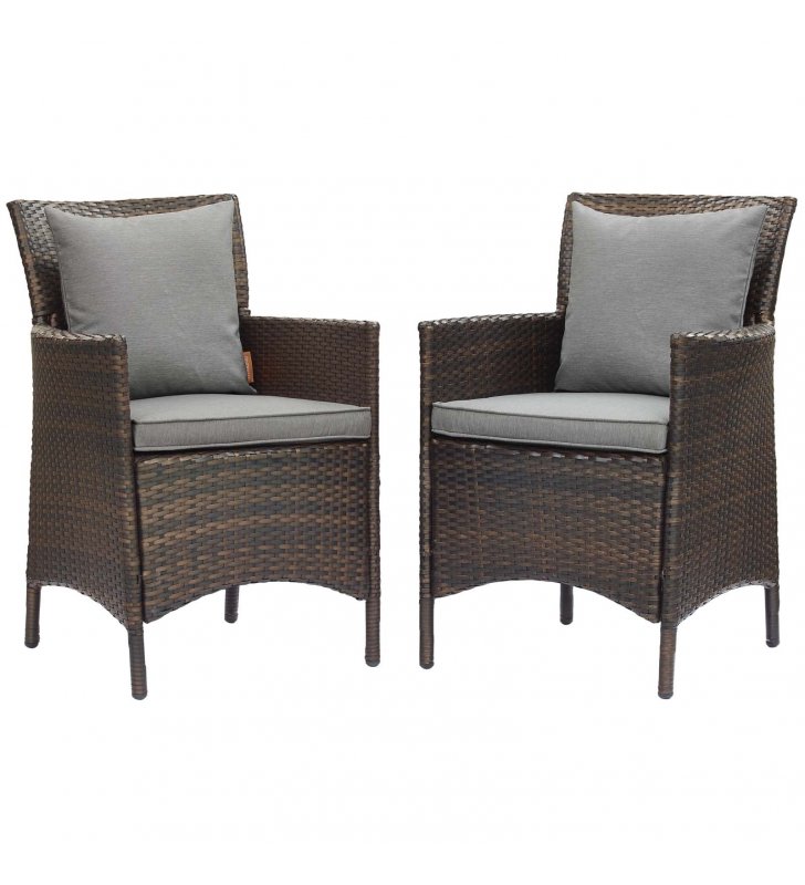 Conduit Outdoor Patio Wicker Rattan Dining Armchair Set of 2 in Brown Gray - Lexmod