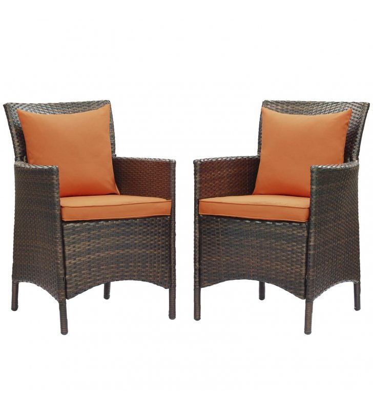 Conduit Outdoor Patio Wicker Rattan Dining Armchair Set of 2 in Brown Orange - Lexmod