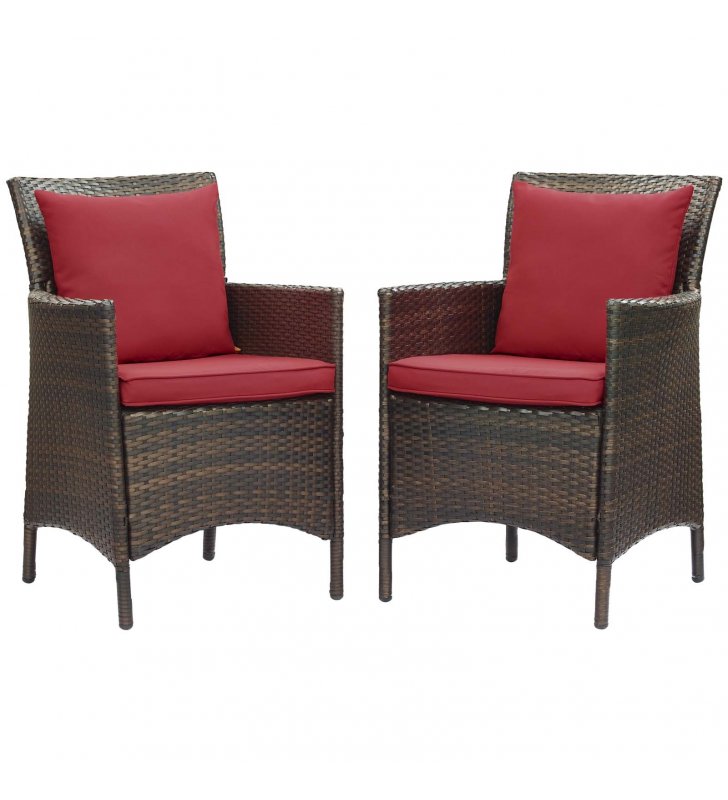 Conduit Outdoor Patio Wicker Rattan Dining Armchair Set of 2 in Brown Red - Lexmod