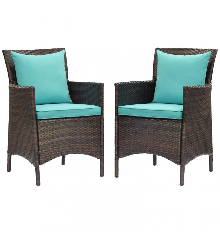 Conduit Outdoor Patio Wicker Rattan Dining Armchair Set of 2 in Brown Turquoise - Lexmod