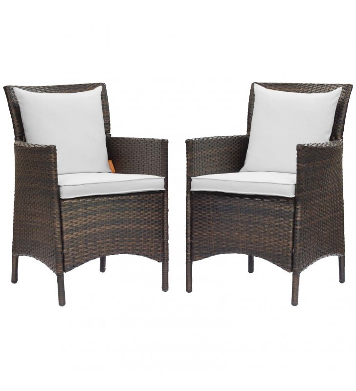 Conduit Outdoor Patio Wicker Rattan Dining Armchair Set of 2 in Brown White - Lexmod
