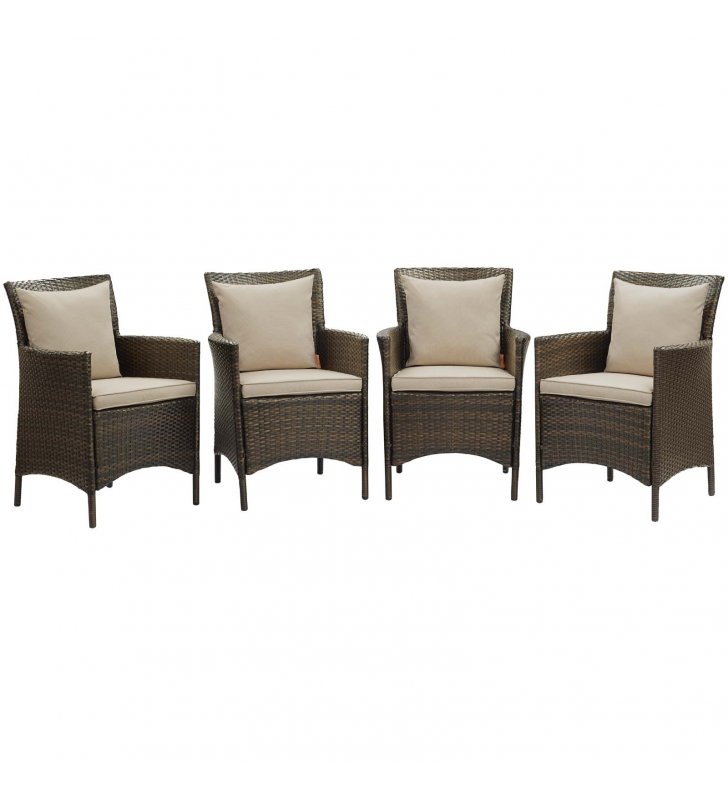 Conduit Outdoor Patio Wicker Rattan Dining Armchair Set of 4 in Brown Beige - Lexmod