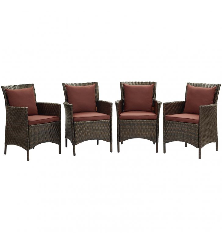 Conduit Outdoor Patio Wicker Rattan Dining Armchair Set of 4 in Brown Currant - Lexmod