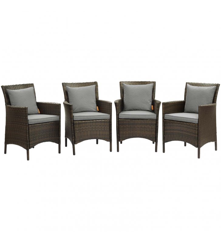 Conduit Outdoor Patio Wicker Rattan Dining Armchair Set of 4 in Brown Gray - Lexmod