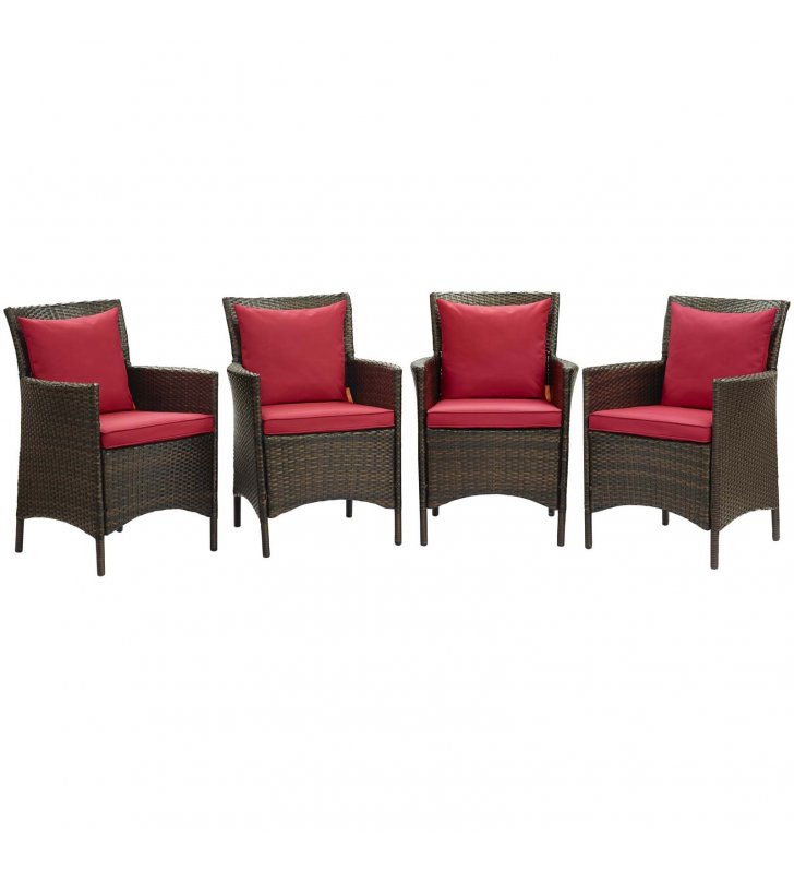 Conduit Outdoor Patio Wicker Rattan Dining Armchair Set of 4 in Brown Red - Lexmod