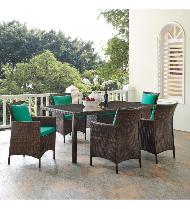 Conduit 7 Piece Outdoor Patio Wicker Rattan Dining Set in Brown Green - Lexmod