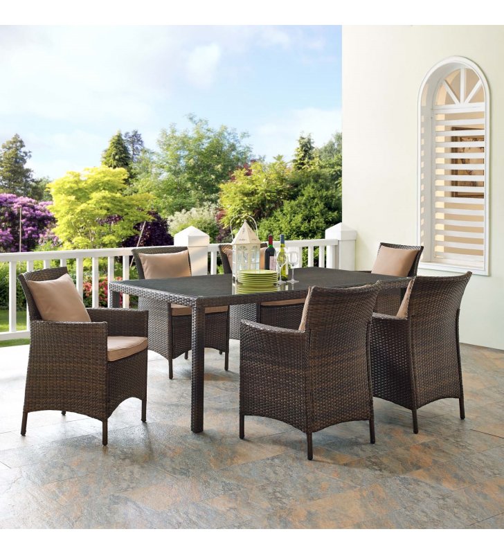 Conduit 7 Piece Outdoor Patio Wicker Rattan Dining Set in Brown Mocha - Lexmod