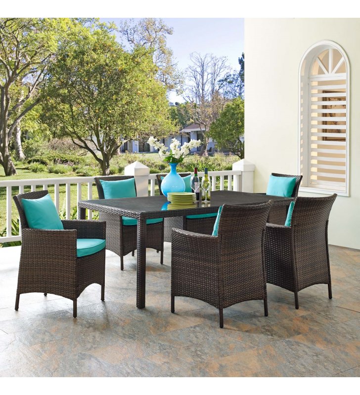 Conduit 7 Piece Outdoor Patio Wicker Rattan Dining Set in Brown Turquoise - Lexmod