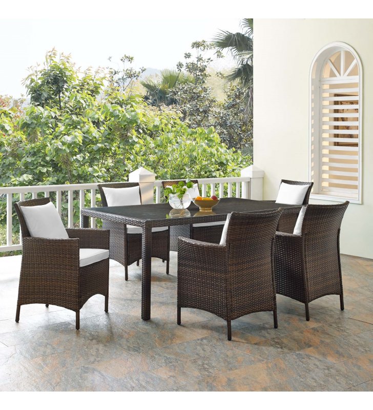 Conduit 7 Piece Outdoor Patio Wicker Rattan Dining Set in Brown White - Lexmod