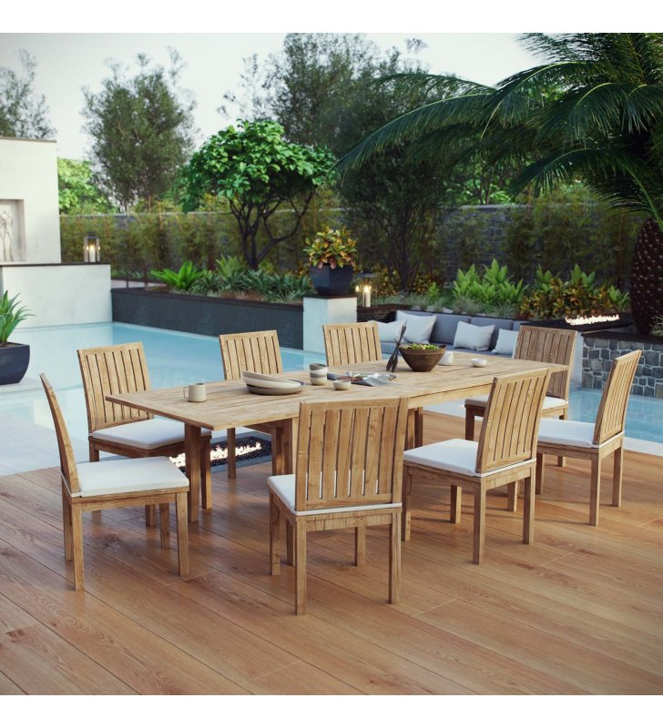 Marina 9 Piece Outdoor Patio Teak Dining Set in Natural White - Lexmod