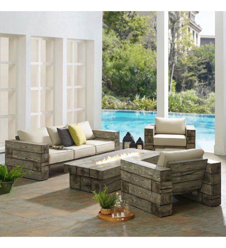Manteo Rustic Coastal Outdoor Patio Sunbrella¬Æ 4 Piece Set in Light Gray Beige - Lexmod