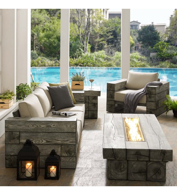 Manteo Rustic Coastal Outdoor Patio Sunbrella¬Æ 4 Piece Set in Light Gray Beige - Lexmod