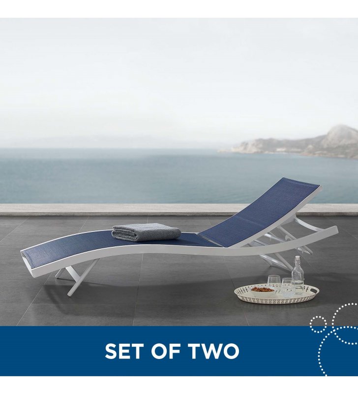 Glimpse Outdoor Patio Mesh Chaise Lounge Set of 2 in White Navy - Lexmod