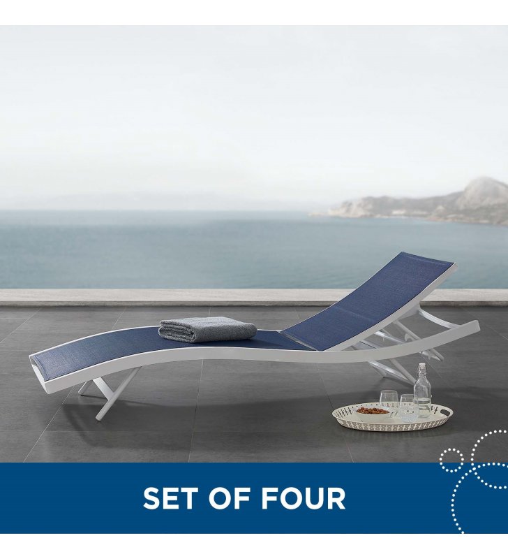 Glimpse Outdoor Patio Mesh Chaise Lounge Set of 4 in White Navy - Lexmod