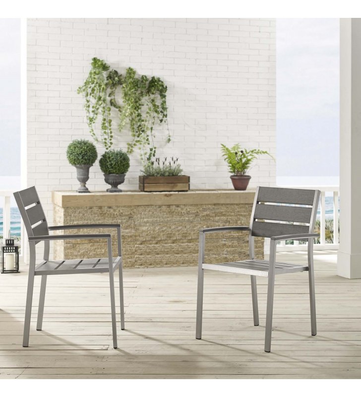 Shore Outdoor Patio Aluminum Dining Armchair Set of 2 in Silver Gray - Lexmod