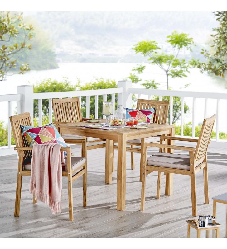 Farmstay 5 Piece Outdoor Patio Teak Wood Dining Set in Natural Taupe - Lexmod