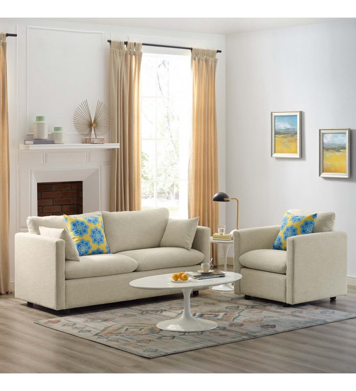 Activate Upholstered Fabric Sofa and Armchair Set in Beige - Lexmod