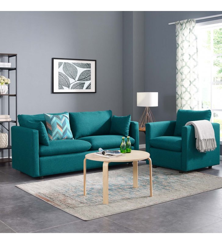 Activate Upholstered Fabric Sofa and Armchair Set in Teal - Lexmod