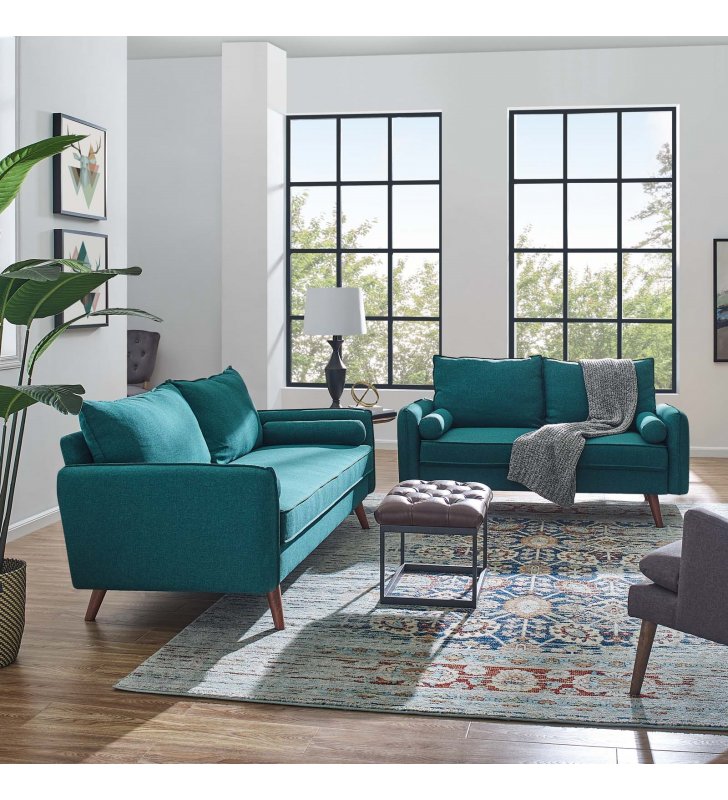 Revive Upholstered Fabric Sofa and Loveseat Set in Teal - Lexmod