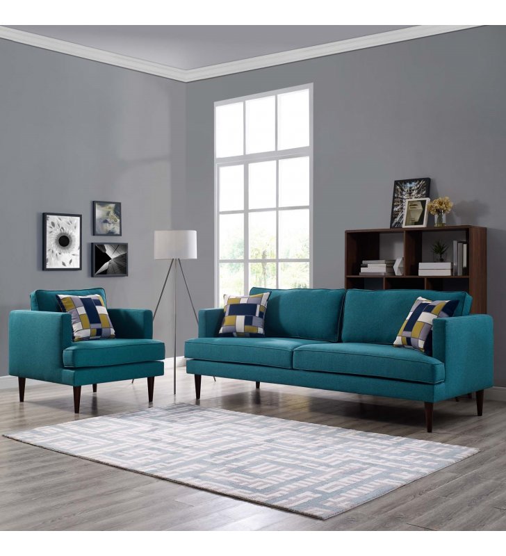 Agile Upholstered Fabric Sofa and Armchair Set in Teal - Lexmod