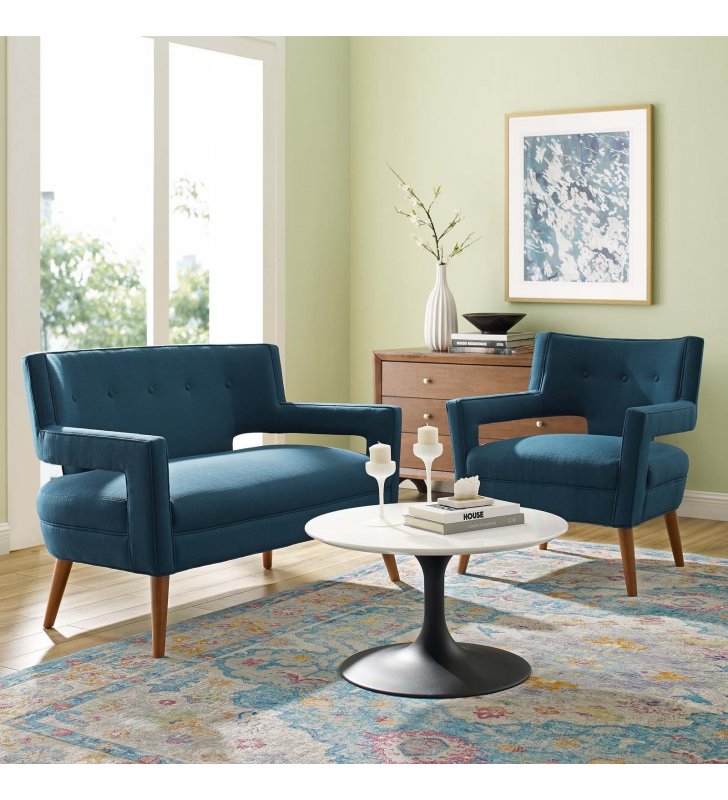 Sheer Upholstered Fabric Loveseat and Armchair Set in Azure - Lexmod