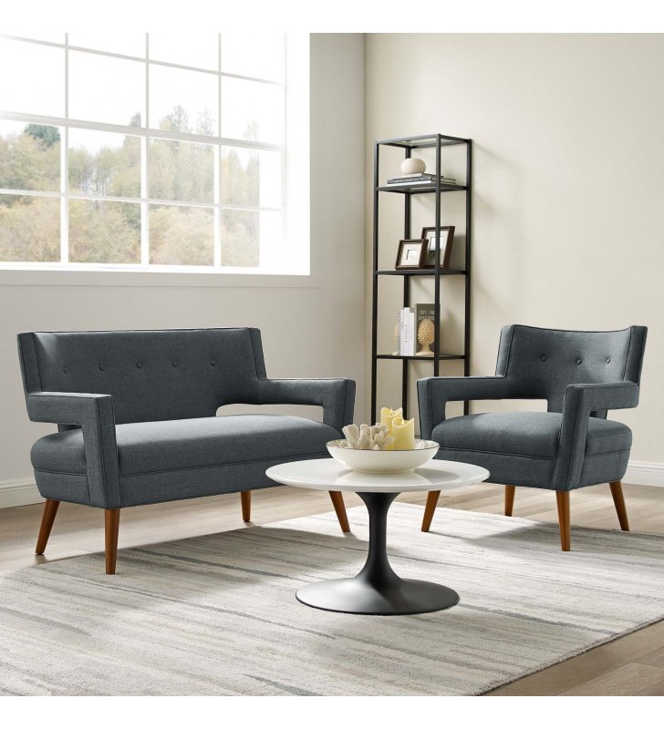 Sheer Upholstered Fabric Loveseat and Armchair Set in Gray - Lexmod