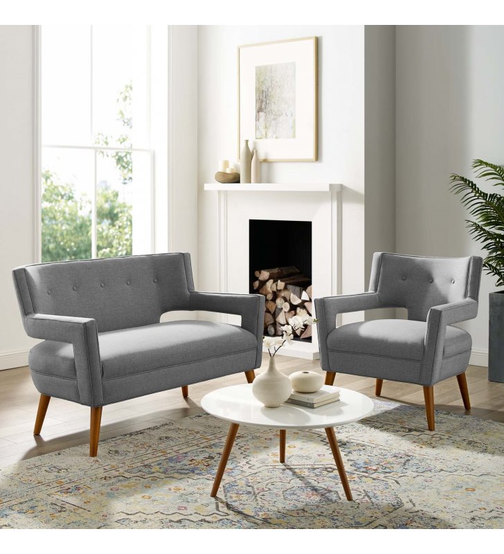 Sheer Upholstered Fabric Loveseat and Armchair Set in Light Gray - Lexmod