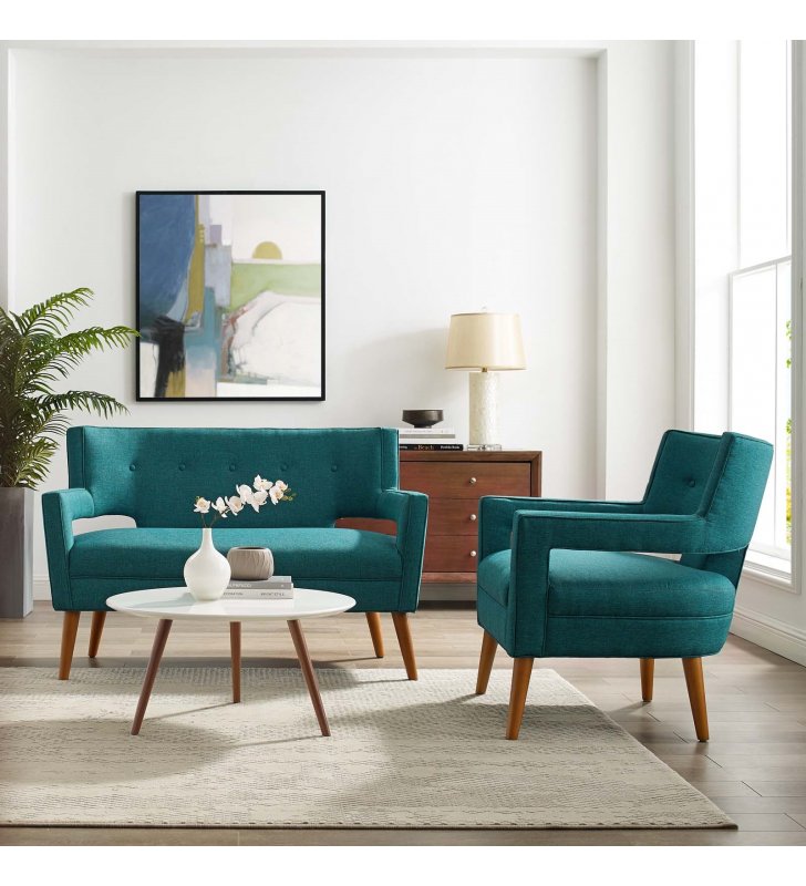 Sheer Upholstered Fabric Loveseat and Armchair Set in Teal - Lexmod