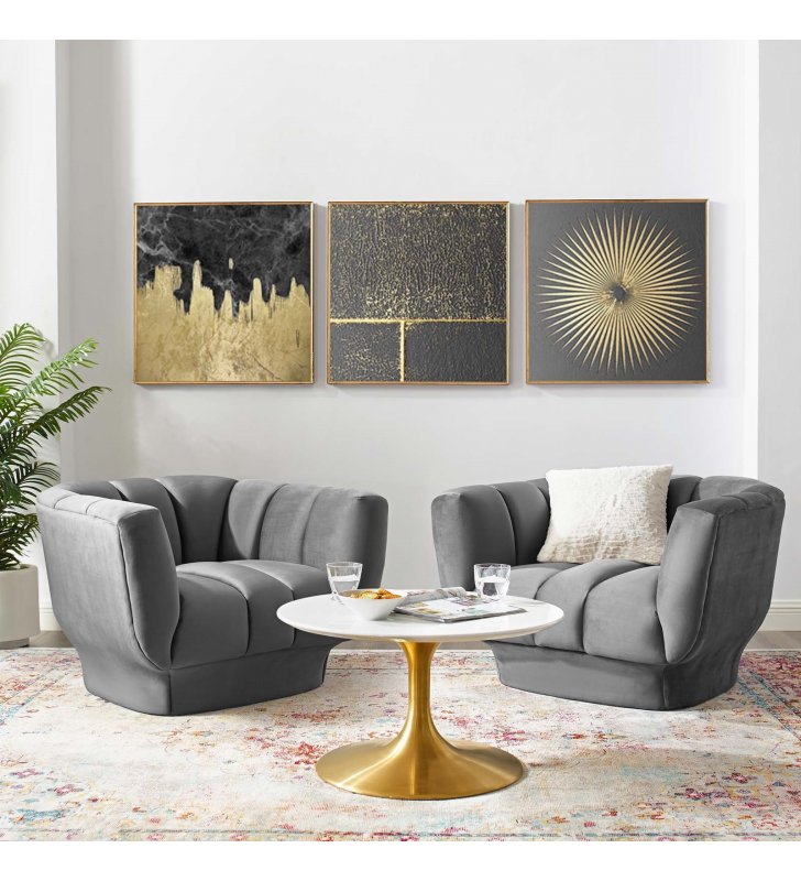 Entertain Vertical Channel Tufted Performance Velvet Armchair Set of 2 in Gray - Lexmod