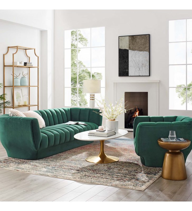 Entertain Vertical Channel Tufted Performance Velvet Sofa and Armchair Set in Green - Lexmod