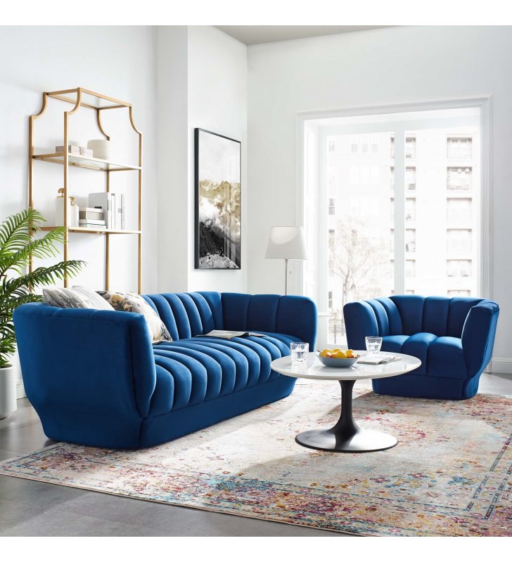 Entertain Vertical Channel Tufted Performance Velvet Sofa and Armchair Set in Navy - Lexmod