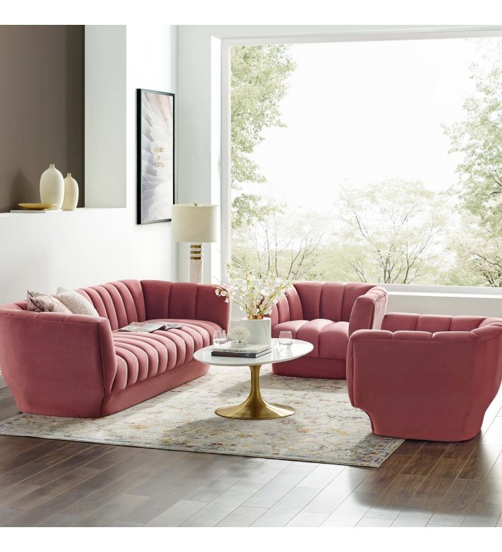 Entertain Vertical Channel Tufted Performance Velvet 3 Piece Set in Dusty Rose - Lexmod
