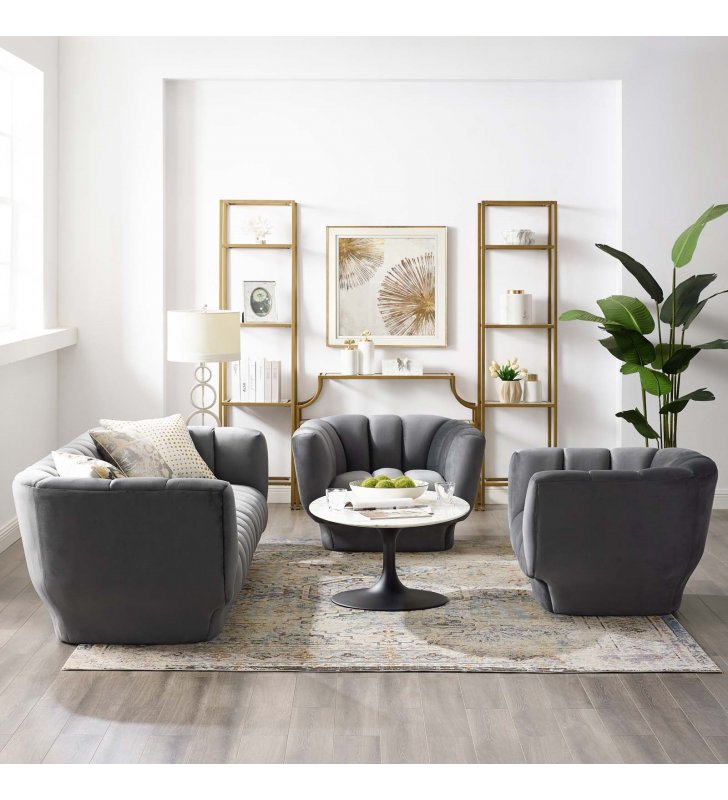 Entertain Vertical Channel Tufted Performance Velvet 3 Piece Set in Gray - Lexmod