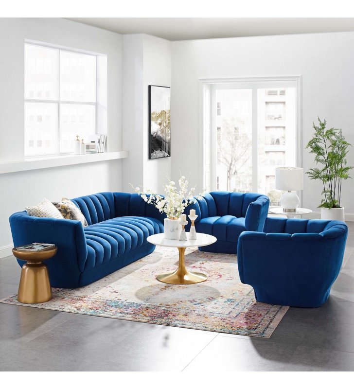 Entertain Vertical Channel Tufted Performance Velvet 3 Piece Set in Navy - Lexmod