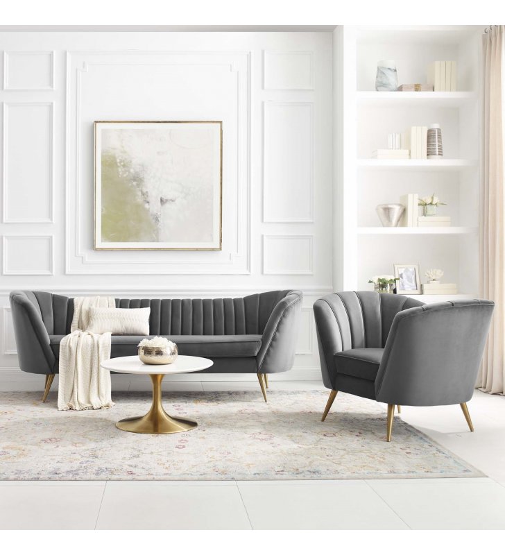 Opportunity Performance Velvet Sofa and Armchair Set in Gray - Lexmod